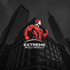 Logo for Extreme Muscle Products. Black background, muscular man in red. Bold, modern design.