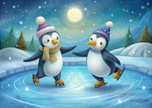 two penguins ice skating on a skating rink