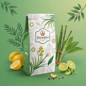 Packaging design for Patanjali products. Vibrant green background, featuring brand logo and natural elements such as lemons and bamboo in the center. Clean, minimalist style.