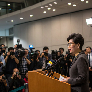Carrie Lam, in formal attire, addressing a press conference. Crowd of reporters and photographers in the background.