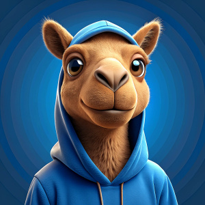 camel with brown eyes, brown eyebrows, in blue hoodie