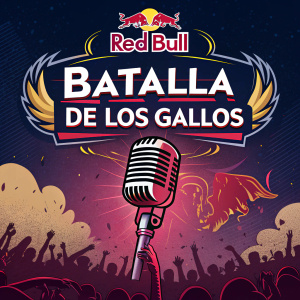 A vibrant, digitally designed poster for Red Bull's Batalla de Los Gallos. The center features a prominent microphone and logo, set against a dark background.