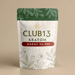 Packaging for Club13 Kratom Maeng Da Red featuring an elegant and simple design. Promising top-notch quality and customer satisfaction.