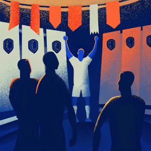 Karim Benzema in the locker room after a victory. Real Madrid's white jersey. His teammates surround him in celebration. Dimly lit with team logos and banners in background.