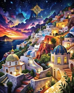 Junique-Batik  art  ,Santorini night , starry sky, old town in background   high contrast  ,rustic, dynamic poster ,concept art, HDR, , colorful ,influence of Chuah Thean Teng, Iwan Tirta