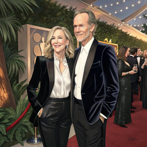 Catherine O'Hara and Bo Welch at the Golden Globes after-party. Catherine in a black satin blazer, white blouse, and black pants. Bo in a dark suit. Background: bustling party crowd.