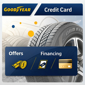 GoodYear Credit Card landing page. Offers and financing options highlighted. Bold GoodYear logo, various shade color scheme.
