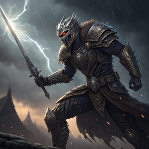 Hanta Sero, clad in intricate battle armor, striking a fierce fighting pose. Dark, stormy backdrop with dramatic lighting.