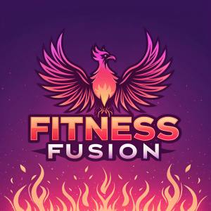 Logo for Fitness Fusion featuring a powerful phoenix. Background is gradient from deep purple to neon pink