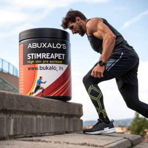 Robust male figure in athletic gear, displaying peak performance. Close-up of ABUXALO's StimReapet High Stim Pre-Workout container. Enhances energy, focus, and endurance. Visit www.bukalo.in for more details.