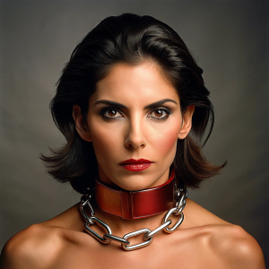 40 yo attractive brunette slave wearing solid padlocked metal collar 