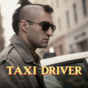 Film poster for 'Taxi Driver' featuring Robert De Niro with a mohawk and sunglasses. The movie title 'Taxi Driver' is displayed prominently at the bottom.