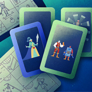 Illustration of DOFUS game characters and scenes. Diverse characters with notes and sketches surrounding them.