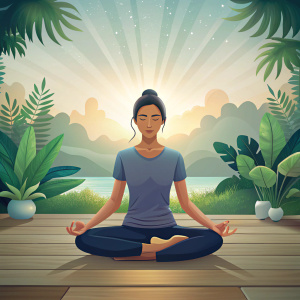 Person sitting cross-legged on the floor, eyes closed, with a serene expression, surrounded by a tranquil environment with soft lighting and nature elements, indicating a peaceful state of mind