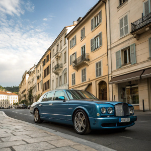 An azure Bentley Arnage T'02 elegantly parked in a quaint European city street. The car's sleek lines and polished surface stand out against the backdrop of charming, multi-story buildings adorned with balconies and shutters. A clear sky with a scattering of clouds frames the scene.