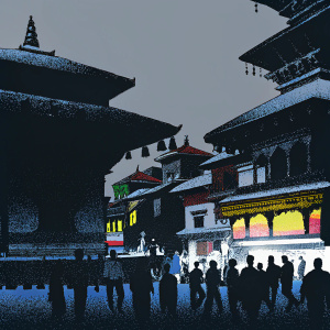 In the bustling streets of Patan Durbar Square, tourists and locals stroll past ancient architecture adorned with modern advertisements.