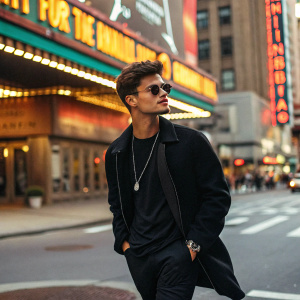 Abraham Mateo, with short brown hair and sunglasses, stands confidently on a bustling street corner, candidly captured in the midst of a casual stroll. He sports a black jacket over his outfit. The backdrop features a bright, neon-lit cityscape.