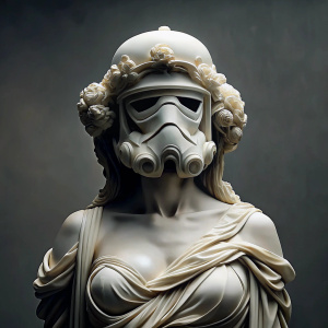  The white marble sculpture of Galatea holds the helmet of an imperial stormtrooper in her hands, the Stormtrooper disintegrates into pieces. cinematic style,64K
