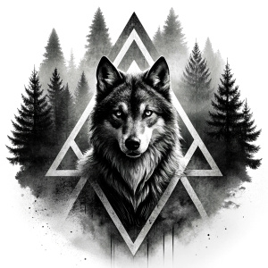 valknut runes pattern geometric symbols - wolf and trees - tattoo design - perfect realistic art - high-definition - grey and black - white background 