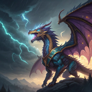 Tiamat, a formidable dragon from the game SMITE, soaring through a thunderous sky. Clad in vibrant, detailed armor. Blues, purples, and yellows illuminate the stormy scene.