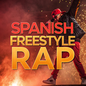 Promotional graphic for Spanish-language freestyle rap show. Fiery backdrop, bold fonts, edgy design, intense visuals