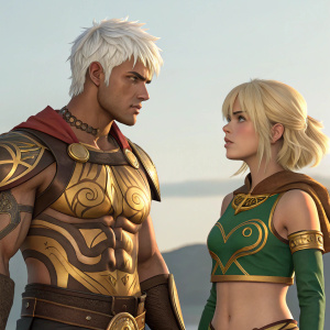 Digital art featuring Nilfur and Nero Shin Gurren. Nilfur is a muscular man with short white hair and a chest tattoo, wearing a mix of gold and brown armor. Nero Shin Gurren is a woman with blonde hair and a feminine face, clad in a green outfit with brown and gold accents. The backdrop is a serene, plain scene.