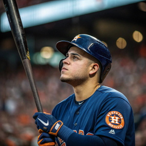 Aledmys Diaz, Houston Astros player, in intense focus. Wearing a blue jersey, holding bat, blurred stadium crowd in background.