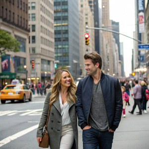 Haylie Duff and Nick Zano strolling down a bustling New York City street, amidst a crowd of people and tall buildings.