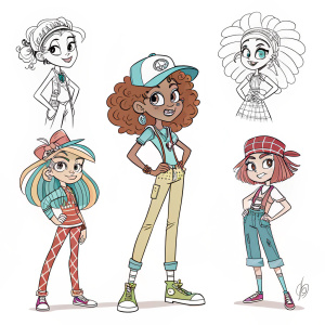 Character designs for Monster High: Great Scarrier Reef. Sketch style illustrations. Diverse characters with unique styles and poses. Detailed yet simplified lines. Includes various genders, ages, appearances. Wide range of outfits and accessories.