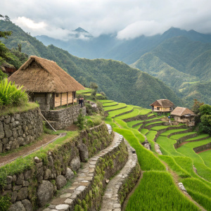 The ancient rice terraces of Batad Village in the Ifugao region, Philippines. Stone walls and traditional houses with straw roofs amidst the lush green fields, a UNESCO World Heritage site.