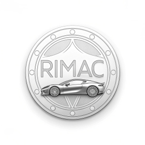RIMAC logo design. Circular shape, sleek silver car emblem, white sans-serif font, minimalist style.