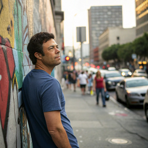 Carlos Bernard, in a casual blue t-shirt, standing by a graffiti-covered wall in downtown LA. The street is bustling with people and cars.