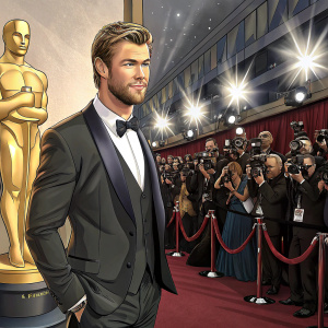 Chris Hemsworth, wearing a sharp suit, standing at the Oscars. Background filled with flashing cameras and red carpet