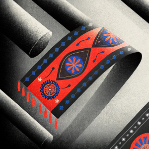 Concept art for ETRO brand featuring a vibrant mix of red and blue colors. Illustration inspired by traditional Indian art and graphic design.