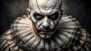 Portrait of an evil pierrot, horror, grim, chiaroscuro, extremely detailed, extremely intricate, photorealistic, realistic