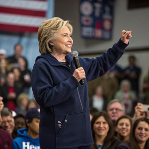 Hillary Clinton, dressed in a casual navy blue jacket, giving a speech. Crowd in the background.