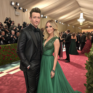 JC Chasez and Ashley Tisdale at the Met Gala. JC in a black suit, Ashley in a floor-length emerald gown. Crowded event space.