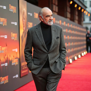 Sean Connery, Caucasian male with a distinguished mustache and graying hair, walking confidently on the red carpet at the Empire of the Sun premiere. He wears a gray tweed blazer and black turtleneck, against a backdrop with warm, repeating orange-toned graphics.