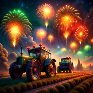 As the tractors throw their wild celebration, the air itself seems to dance in colors, reminding us that every victory, no matter how unusual the victors, deserves its own parade of joy and color.