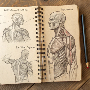 Sketchbook illustration. Pencil drawings of human anatomy. Focus on muscular structure of torso and back. Binding visible. Detailed, labeled sketches. Muscles include latissimus dorsi, trapezius, erector spinae. Different angles and perspectives. Precise and detailed drawings.