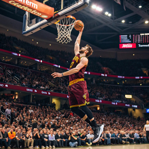 Kevin Love mid-air slam dunk. Crowd cheering in the background. NBA game
