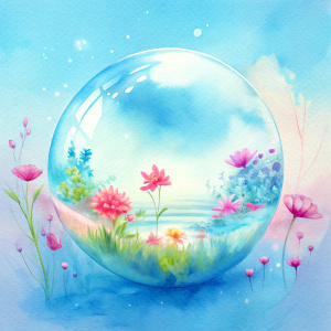 Summer landscape with colorful flowers inside a transparent sphere