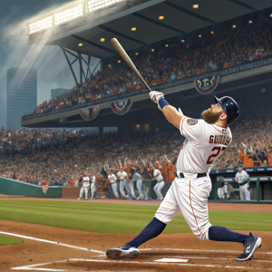 Evan Gattis, in a vivid stadium scene. Wearing a white jersey with navy blue accents, swinging a baseball bat. The crowd cheers loudly around him, with players in the dugout.