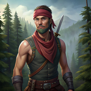 waist-high portrait, male human with bandana and two daggers, 3/4 view, forest on background