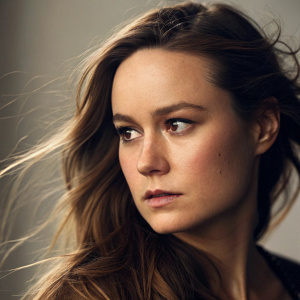 Close-up shot of Brie Larson. Intense expression, long brown hair. Studio setting with soft lighting