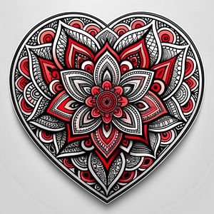 Style stickers. Symbol Heart. Mandala pattern . Handmade ink drawing ideas, Black and red only. white background , 8K ,vector.