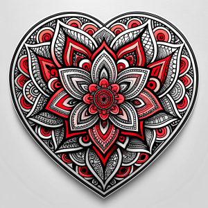 Style stickers. Symbol Heart. Mandala pattern . Handmade ink drawing ideas, Black and red only. white background , 8K ,vector.