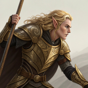 An elf warrior from Kingdom Under Fire 2. Blonde wavy hair, Caucasian, intricate golden armor, holding staff, dynamic stance. Simple neutral background. Digital art