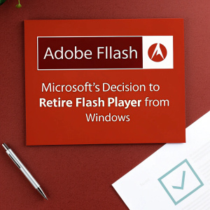 Against a vivid red background, the iconic Adobe Flash logo looms large. A document unfolds, detailing Microsoft's decision to retire Flash Player from Windows.