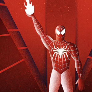Digital illustration of a muscular Spider-Man Miles Morales, bursting flames from his arm. Dark, shadowy background.